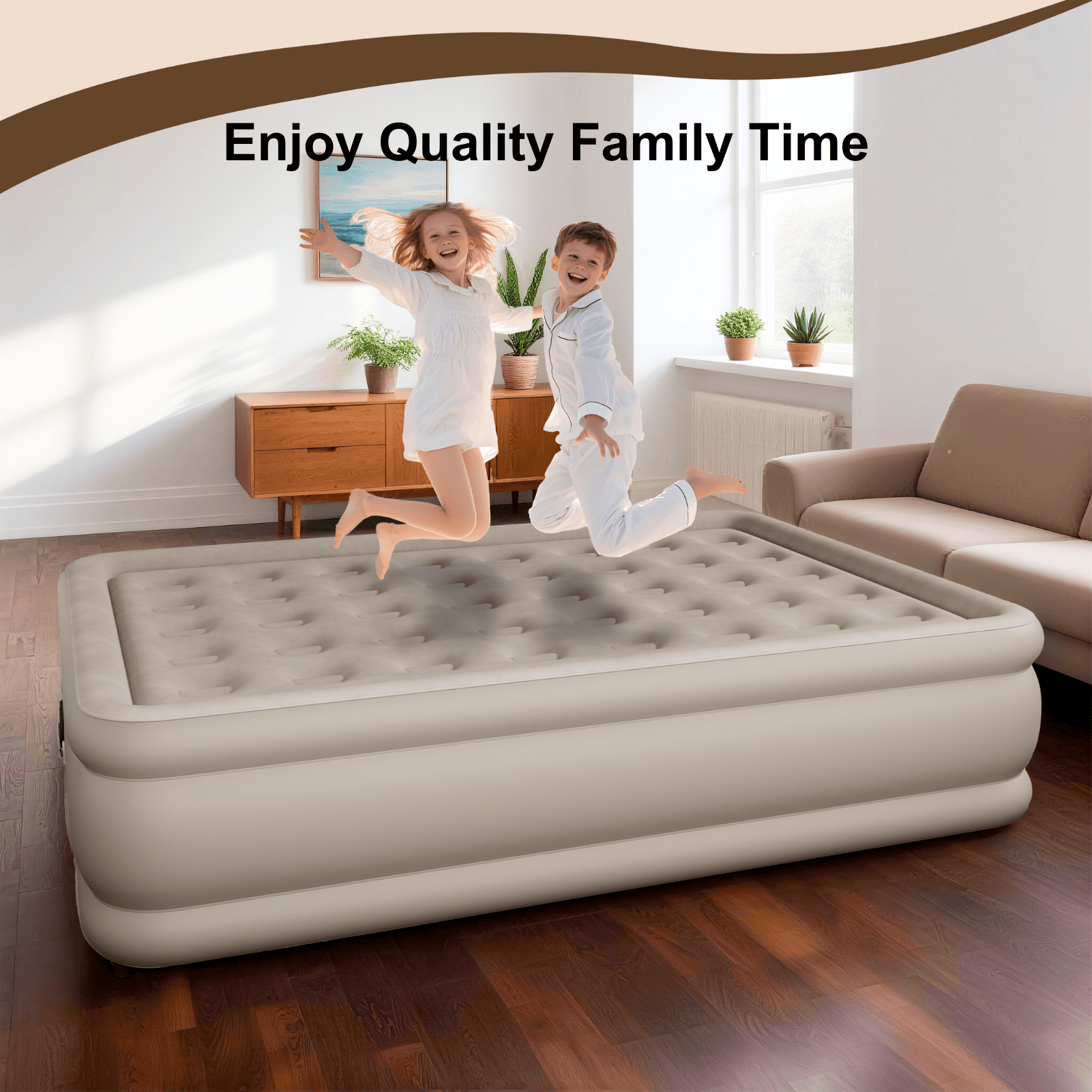 Full Air Mattress with Built-in Pump - 18" Extra Thick Inflatable Bed for Camping & Home,Khaki,3-Min Self Inflating with Carrying Bag.