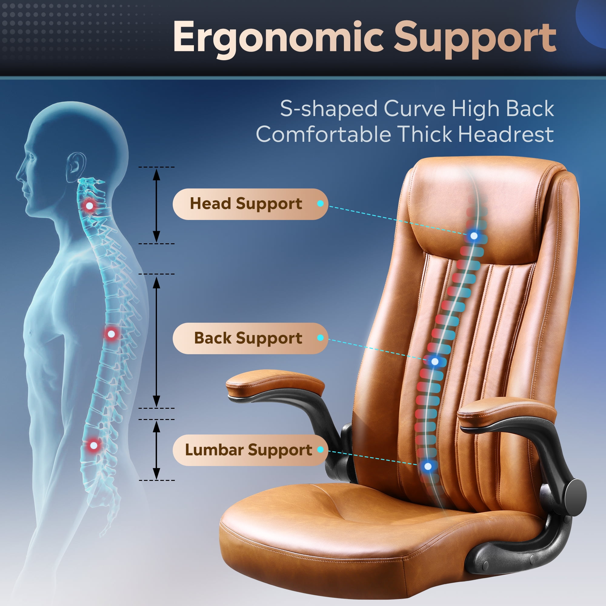 GALAXHERO Ergonomic High Back Office and Conference Room Desk Chair, Adjustable Flip-Up Armrests and Lumbar Support, Brown