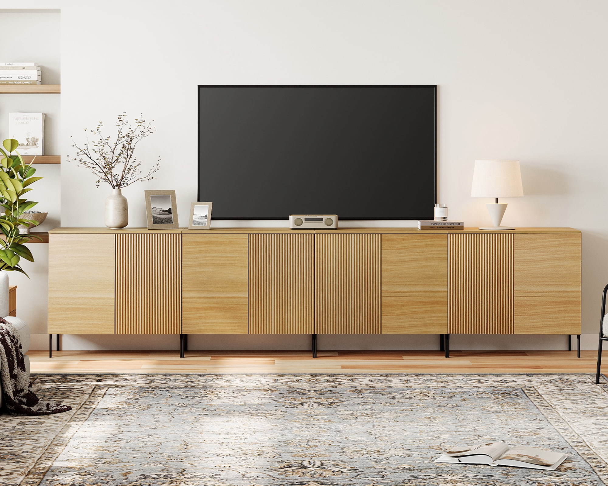 126" Modern Fluted TV Stand with 8 Doors, Entertainment Center with Adjustable Shelf, Wooden TV Console with Storage for Living Room