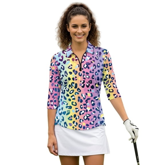 HUIACONG Colorful Leopard Print Pattern Women's 3/4 Sleeve Golf Top Quarter Zip with Quick Dry Versatile Athletic Polo Shirts for Sports Tennis Workout Outing