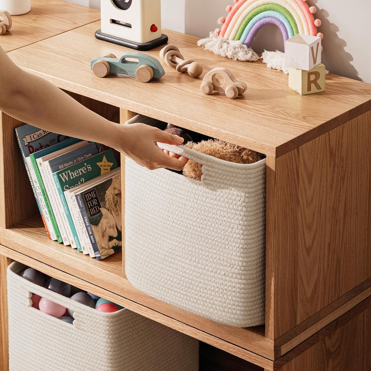 Set of 4 Storage Bins - 11 X 10.5 X 10.5 in, Cotton Rope Bins for Shelves, Toys, Books, Cube Storage with Handles, Woven Black Basket for Organizing