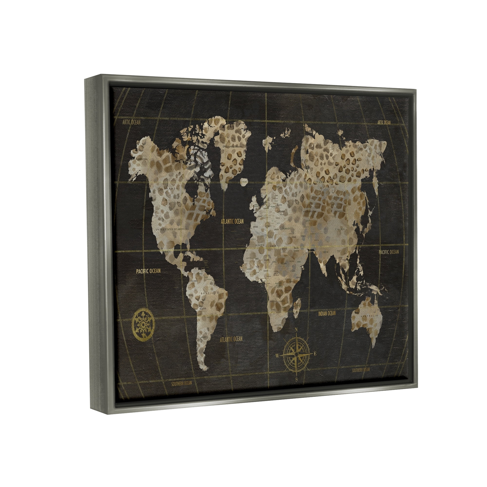 Stupell Industries Rustic Giraffe Animal Pattern Atlas Map Compass Graphic Art Luster Gray Floating Framed Canvas Print Wall Art, Design by Nan