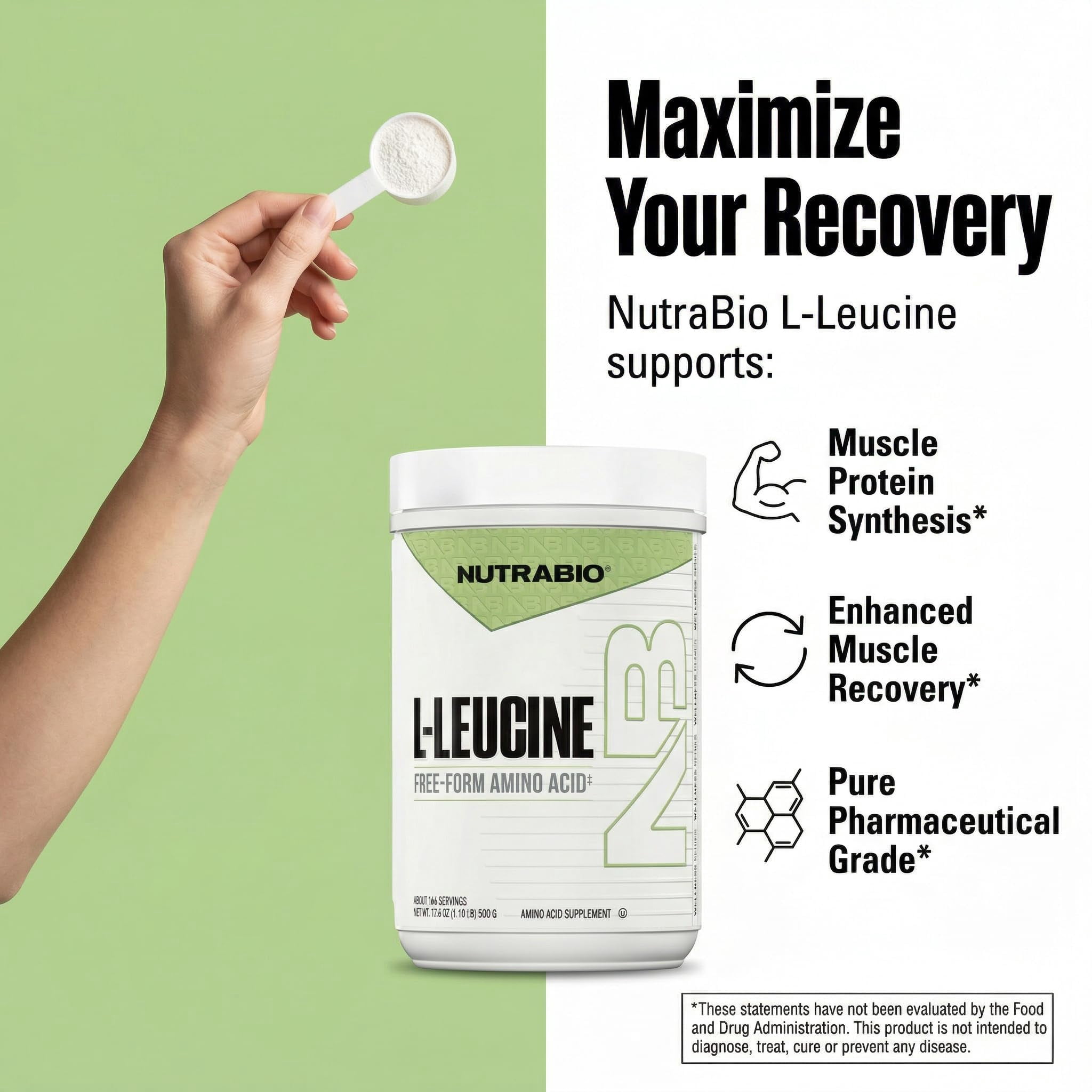 NutraBio 100% Pure L-Leucine - Muscle Recovery and Support - Naturally Fermented Free Form Amino Acid - Vegan, Non-GMO, Gluten Free - (500 Grams)