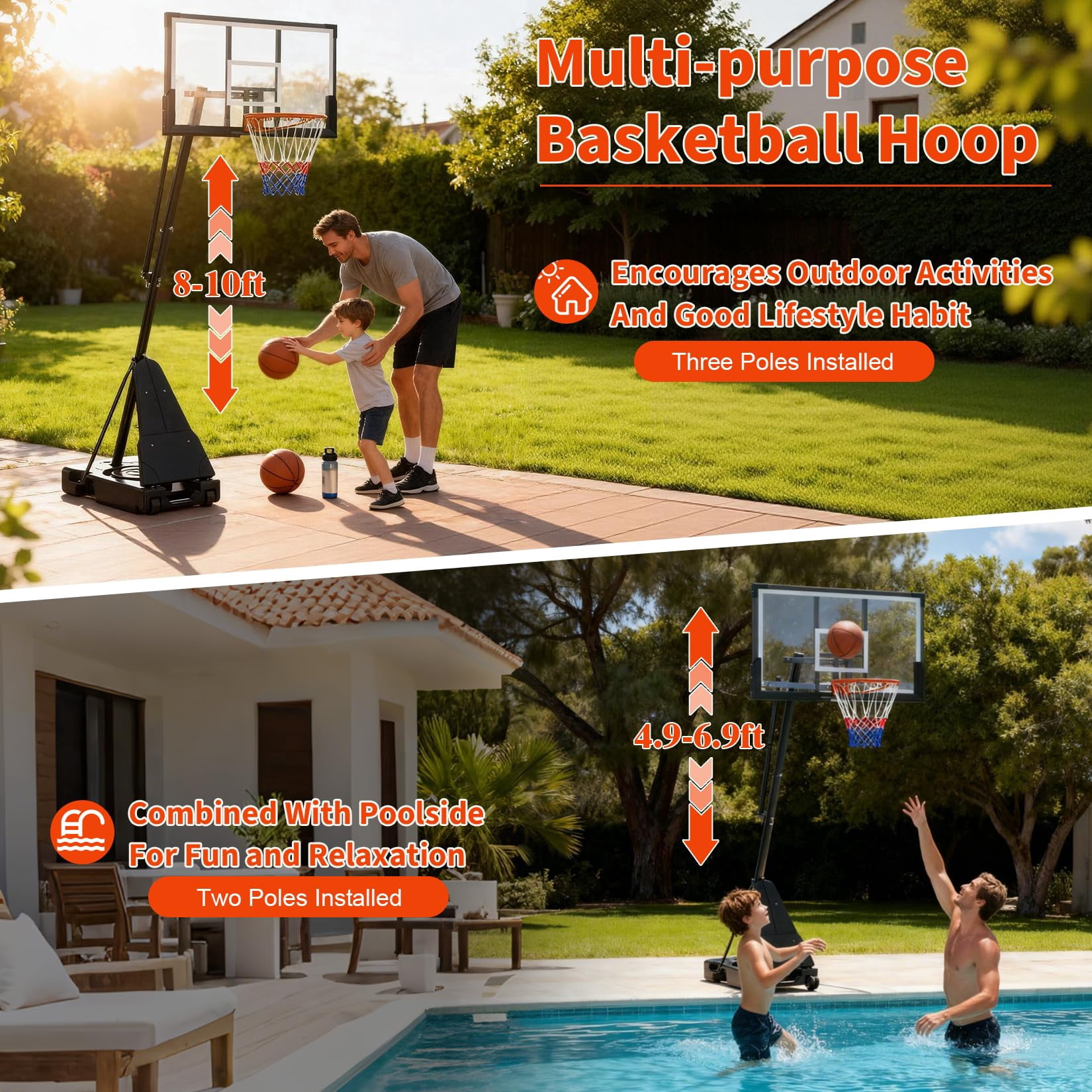 Basketball Hoop Outdoor 44 Inch Shatterproof PC Backboard, 4.92-10FT Stepless Adjustable Height, Portable Basketball Hoop with Wheels for Backyard, Driveway and Court