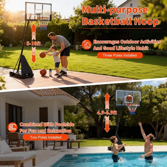 Adjustable Basketball Hoop - 48 Inch Shatterproof Backboard (Black/Red) - 4.92-10FT Height Range - Wheeled Mobile Base for Outdoor Driveway/Court - Teens & Adults
