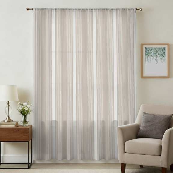 Gray Brown Striped Sheer Curtains 72 Inches Long, Modern Rustic Retro Vertical Stripes Light Filering Curtains, Breathable Simi Curtain Privacy Drapes for Living Room Bedroom Window Treatment