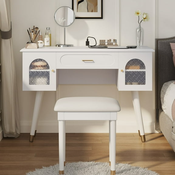 AENKYO Clean Modern Vanity Desk with USB Charging Ports, Makeup Table with Storage Cabinets and Upholstered Stool, White