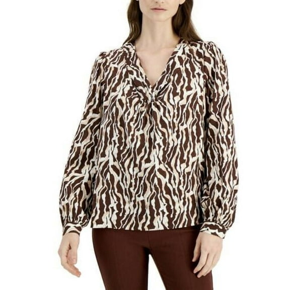 Alfani Women's Printed Blouson-Sleeve Top V-Neck Long Sleeve Brown Size L