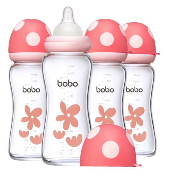 YOHKOH Newborns Glass Bottles,Natural Response Nipple,Wide-Neck Bottle,8.8 oz/4pk,Red