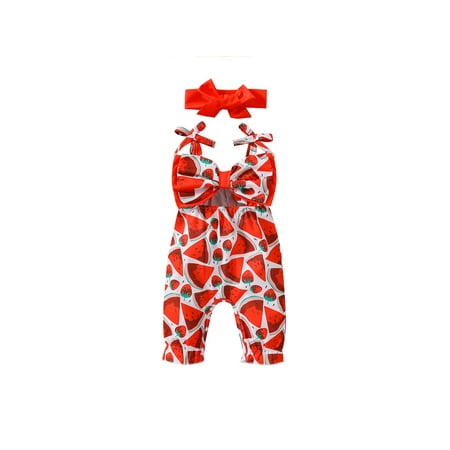 

Mialoley Baby Sleeveless Jumpsuit + Bow Headband Watermelon Pattern Elastic Waist Loose Fit Summer Clothing