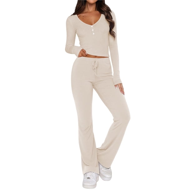 Conjunto Deportivo de Otoño de 2 Piezas A Juego para Estar en Casa: Pantalón de Pierna y Top Corto con Cuello Henley. Albaricoque L
