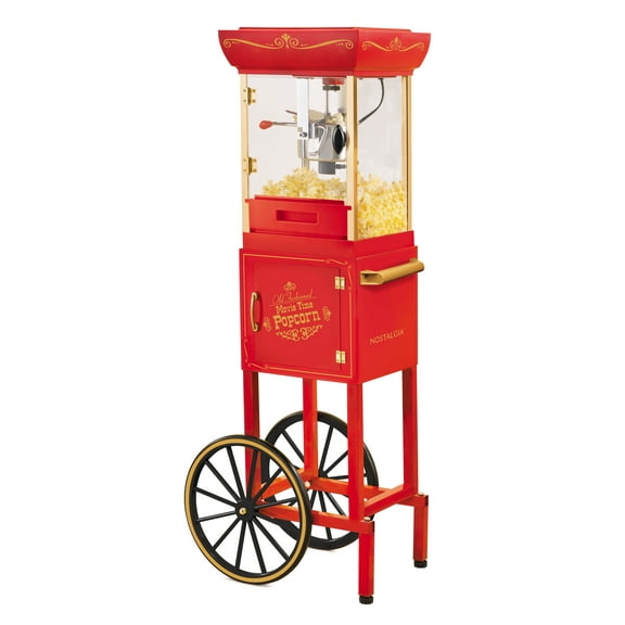 Nostalgia Popcorn Maker Cart, Vintage Movie Theater Popcorn Machine with Built-In Storage, Red
