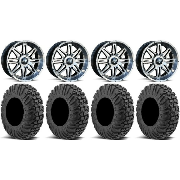 MSA Dark Tint Vibe 14" UTV Wheels 30" MotoVator Tires Kawasaki Teryx Mule