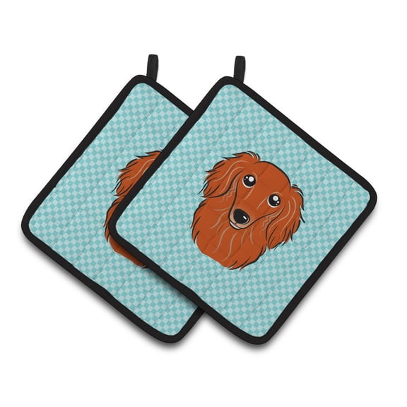 Carolines Treasures BB1152PTHD Checkerboard Blue Longhair Red Dachshund Pair of Pot Holders , 7.5HX7.5W, multicolor