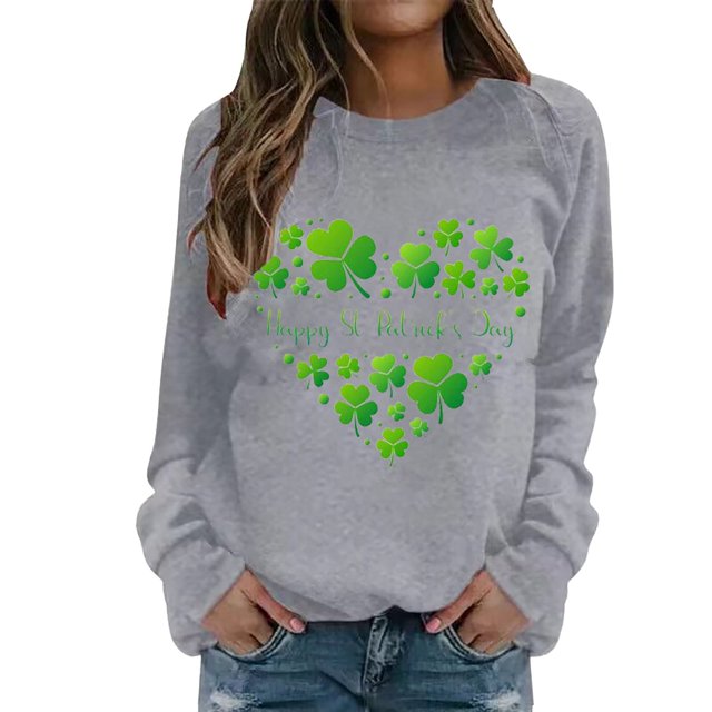 Bmisegm Mode Décontractée pour Femmes Col Rond avec Manches à Épaules Sweat à Capuche Imprimé Partielle Quatre Feuilles Gris m