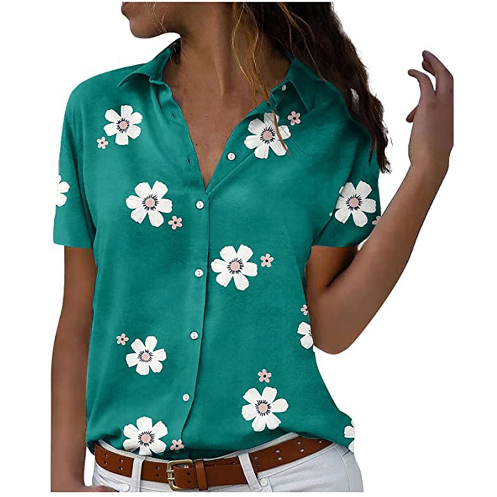 Button Down Shirt Women Short Sleeve V-Neck Lapel Floral Print Blouses ...