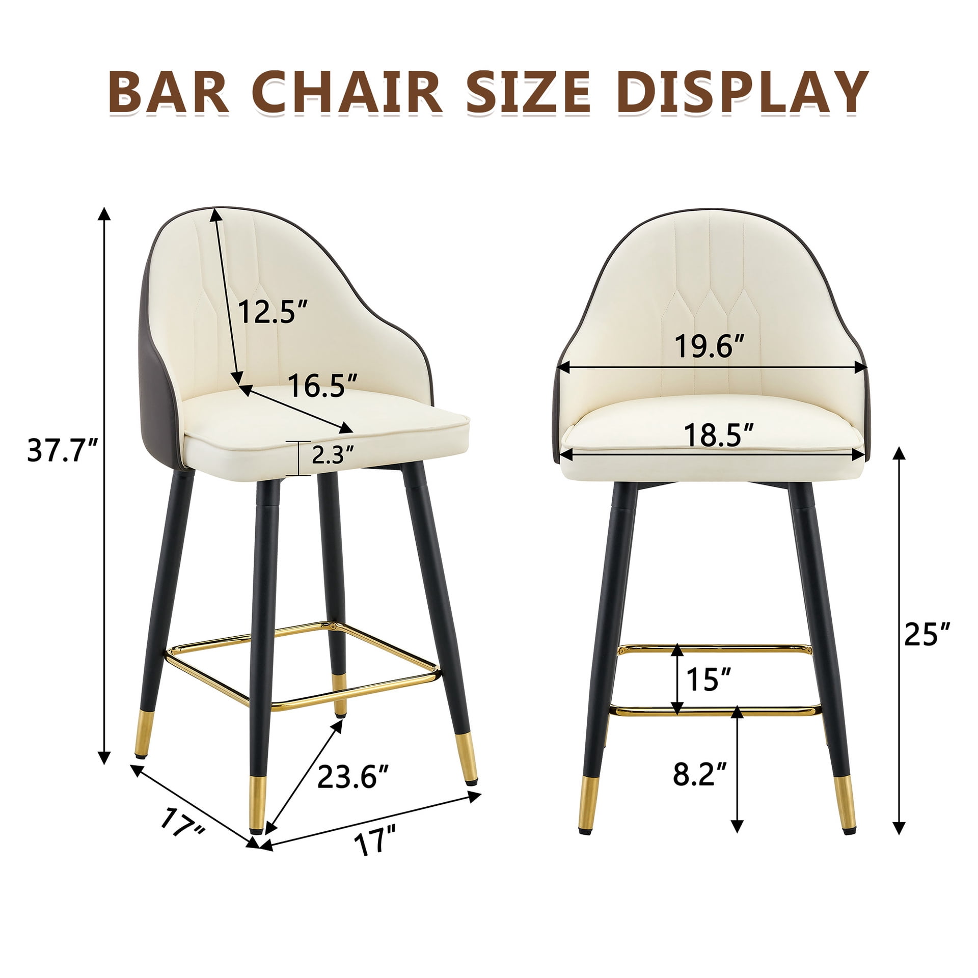 StnTalk Bar Stools Set of 2, White & Dark Gray PU Leather Counter Height Chairs, Modern Splicing Kitchen Stools with Gold Footrest & Metal Legs for Kitchen Island