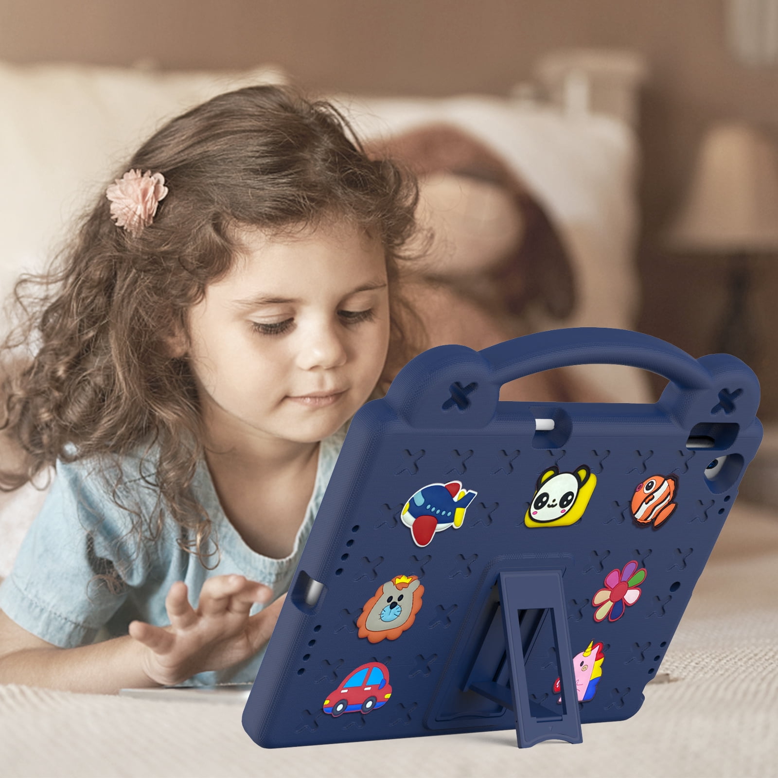 ELEHOLD Kids Case for iPad 9th/8th/7th Gen (2021/2020/2019)10.2 inch, EVA Foam Cute Cartoon Case with Built-in Kickstand Pencil Holder Shockproof Portable Case for iPad 10.2",Navyblue