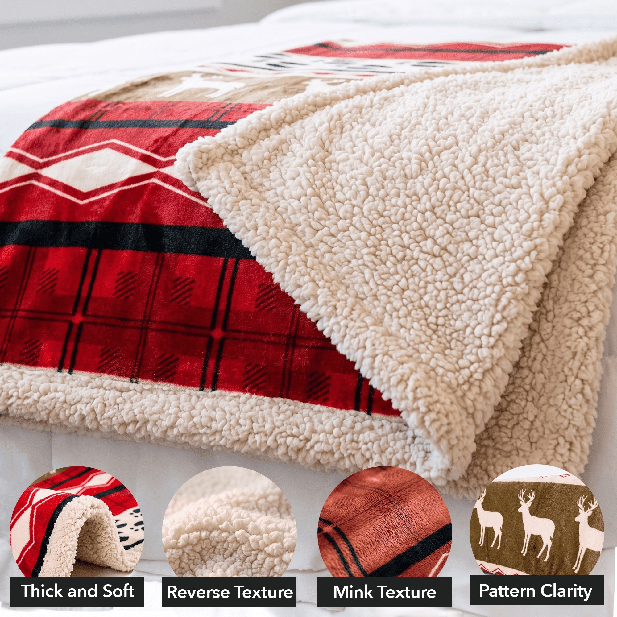 OVENTE Sherpa Throw Blanket, 50"x60", Reindeer Design, Red BLN4688 | Thick and Warm Blanket for Winter, Soft Fuzzy Plush Throw Gift or Sofa Couch Cover for Christmas or Holiday Season