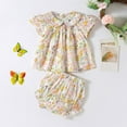thumbnail image 2 of Mercatoo Baby Girl Summer Clothes Puff Sleeve Flower T Shirt Top + Ruffle 𝐁loomer Shorts 2 𝐏iece Set Toddler Beach Outfit, 2 of 9