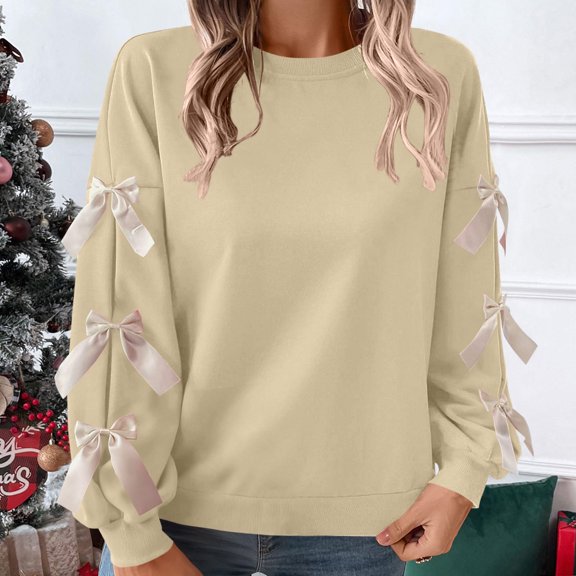 ClodeEU Women's Sequin Crew Neck Bow Sweatshirt ,Long Sleeve Casual Loose Trendy Fall Pullover Top Khaki,Womens Plus S