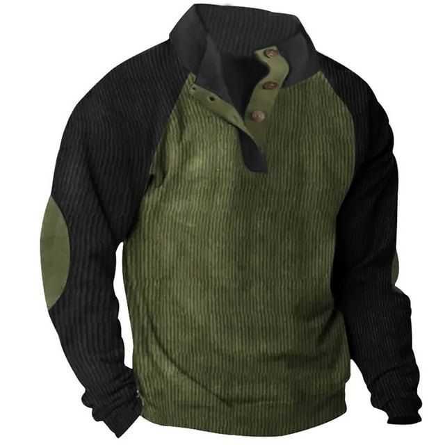 DPTALR Homme Casual Sport Stand Col Bouton Patchwork Pull-Over à Manches Longues Chemisier