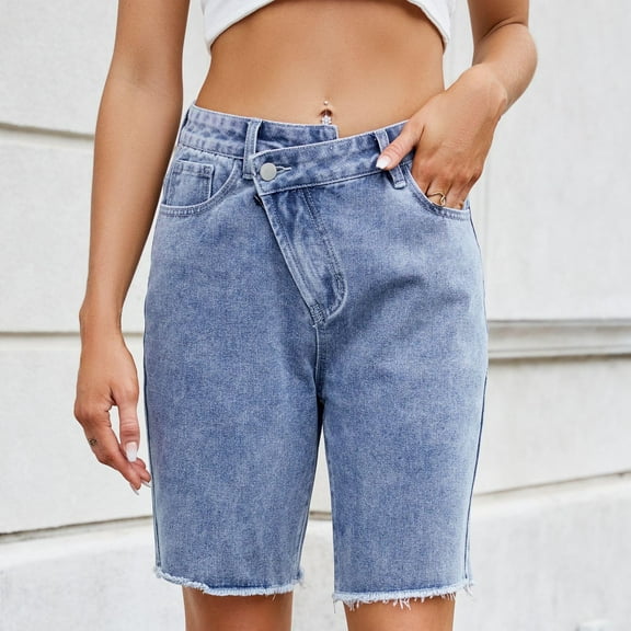 Rezuofi 1 Pcs Denim Bermuda Shorts Women Frayed Hem Jean Short Streetwear Straight Leg Short with Pocket Clearance