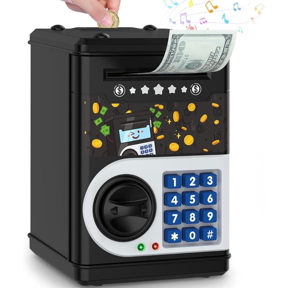 MEC Black Kids Piggy Bank for Boys Girls - Toys for 5 6 7 8 9 10 Year Old Girl Birthday Gifts - Electronic Piggy Bank ATM Machine Money Safe, Great B-Day Xmas Toy Gifts for Kids