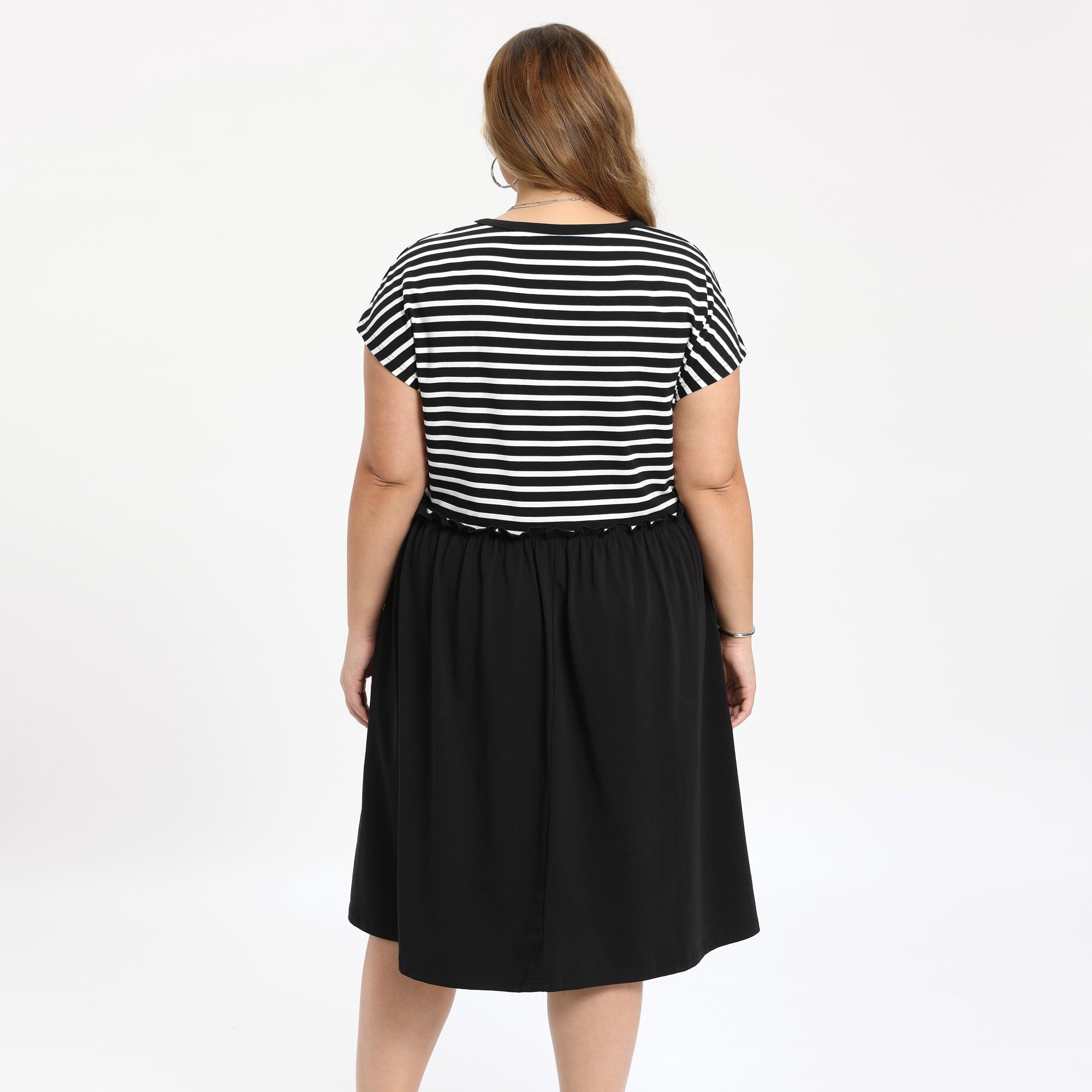 DARING DIVA Women's Plus Casual Midi A-Line and Striped Dress 2X Black