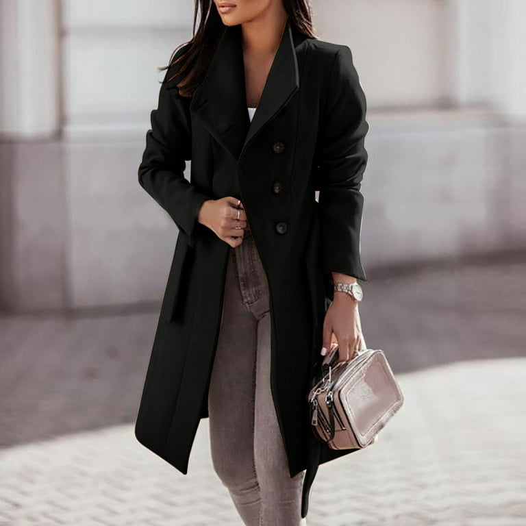 Women's Faux Wool Coat Long Trench Coats Ladies Slim Jackets Long Belt  Fashion Windproof Notch Lapel Mid-Long Jacket