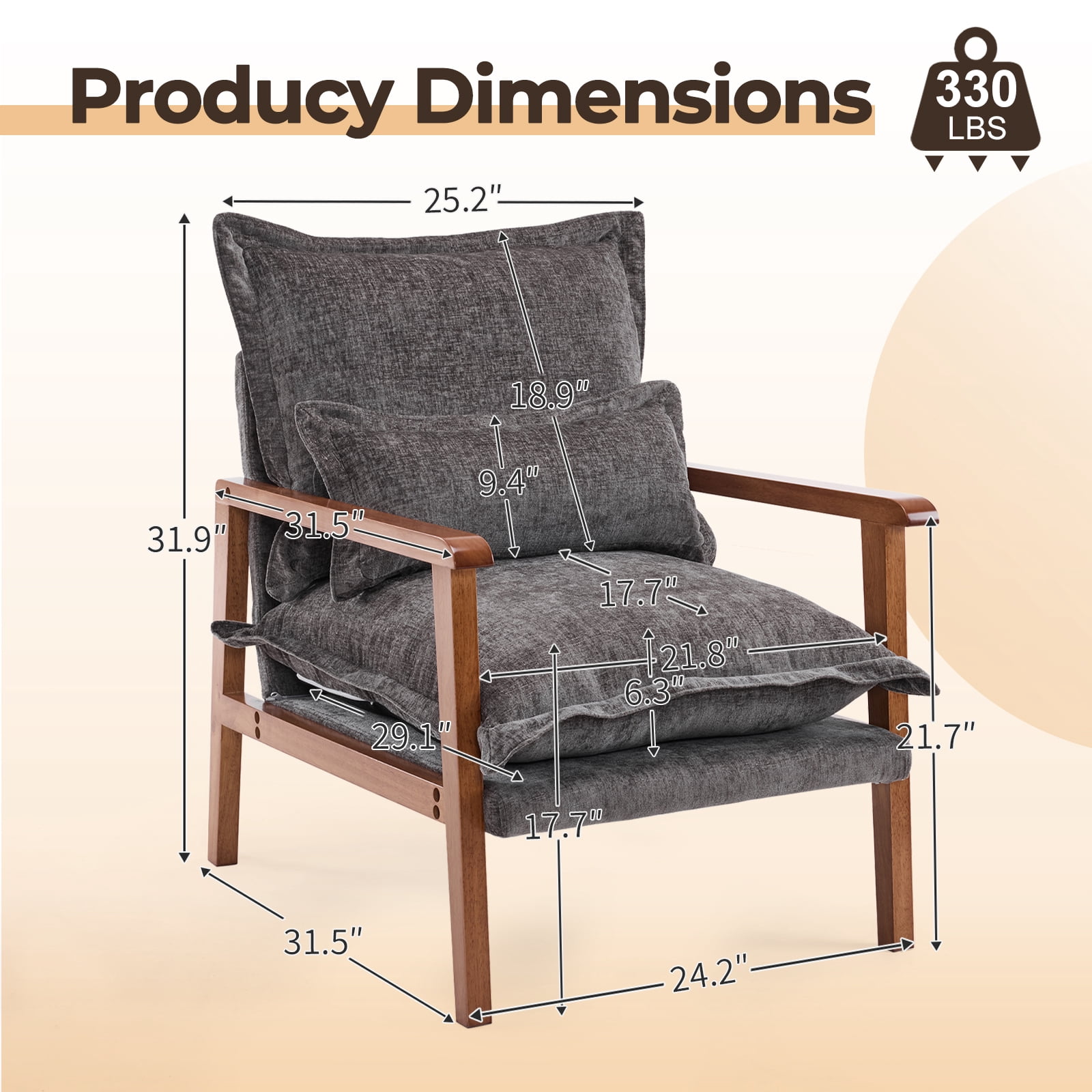 Cloud Shaped Indoor Leisure Chair with Solid Wood Armrest & Frame, Chenille Fabric Accent Chair with Lumbar Pillow, Dark Grey