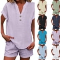 thumbnail image 2 of 2 Piece Short Sets for Women Linen Short Sleeve Outfits Casual Summer Shorts Set with Pockets,Purple S, 2 of 5