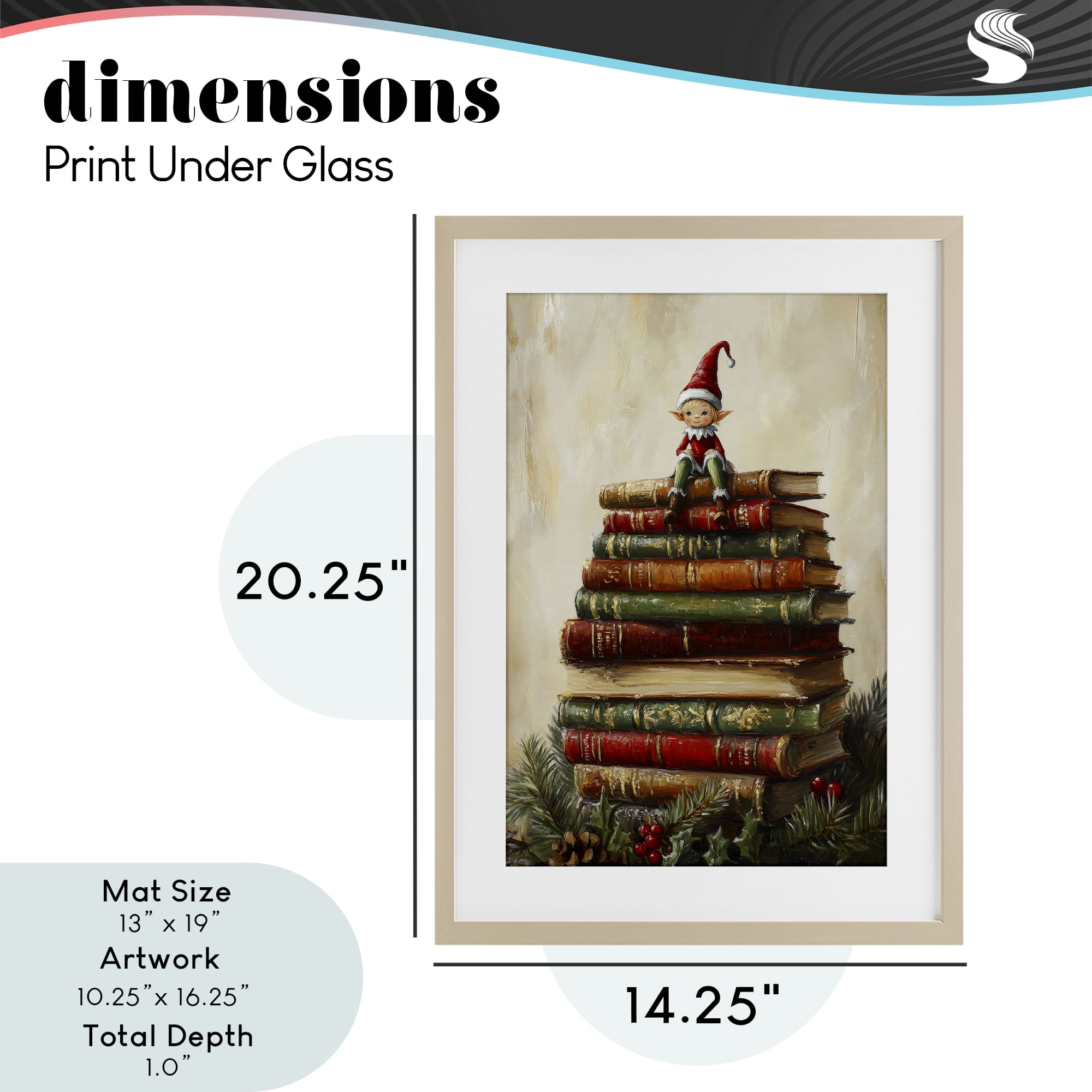 Christmas Elf Bookstack Birch Framed Print Under Glass, design by Petal Prints Design