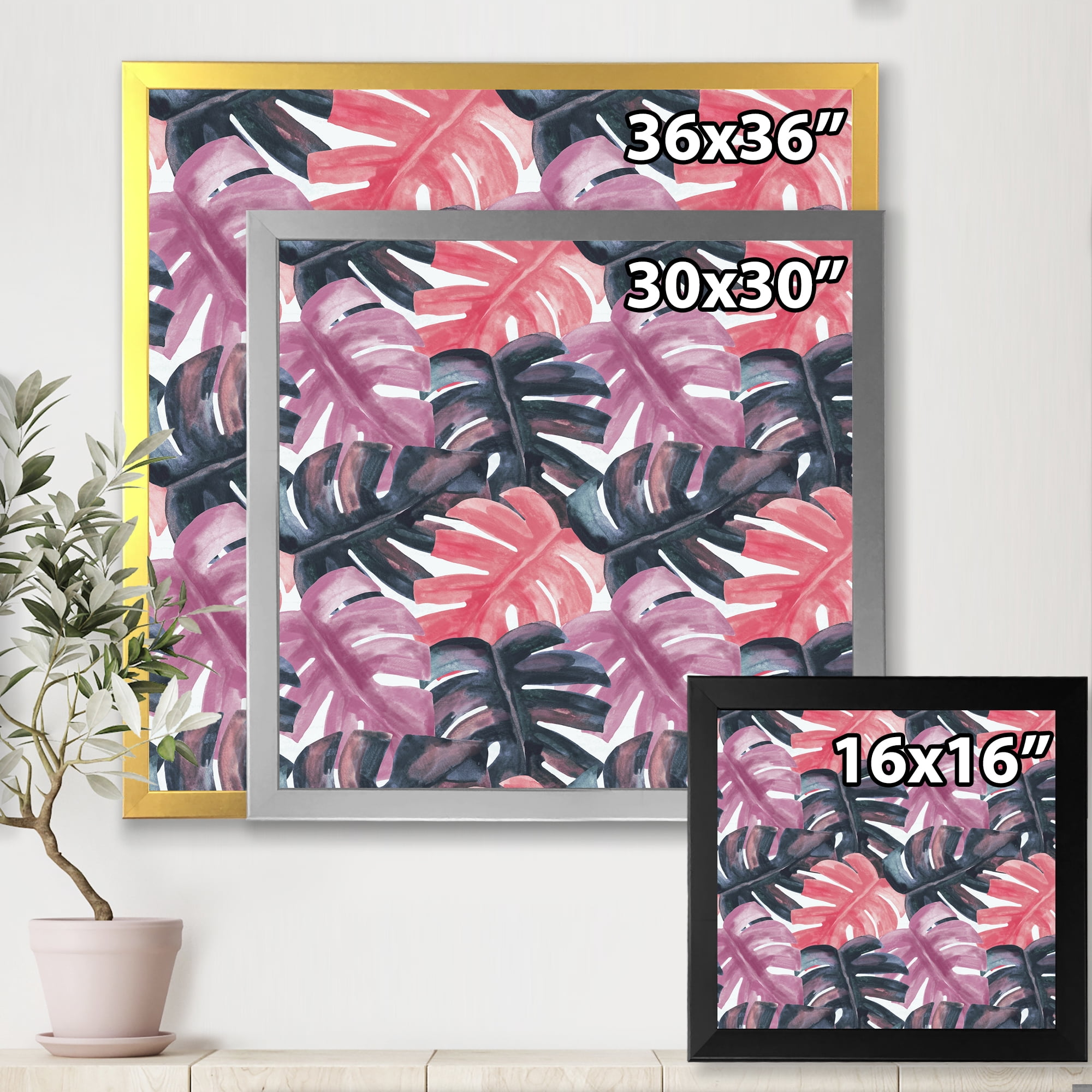 Designart 'Black and Red Monstera On Rough Brush Strokes II' Tropical Framed Art Print