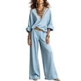 thumbnail image 2 of LEKWK Vacation Outfits for Women Elegant V Neck Long Sleeve Oversized Top and Wide Leg Pants Linen Matching Set Casual Travel Beach Loungewear, 2 of 6