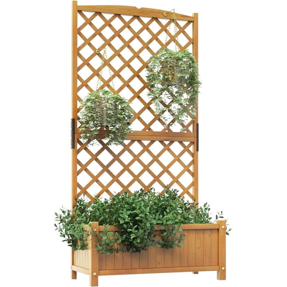 QISHENSHUI Raised Garden Bed with Trellis, 71" Planter Raised Bed with Drainage Holes, Freestanding Garden Planter for Vine Climbing Plants, Wooden Planter Box for Yard Balcony(1, Yellow)