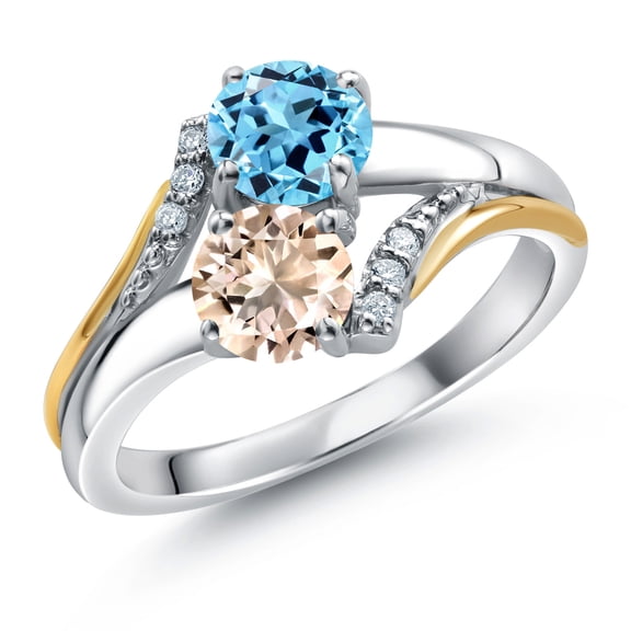 10K Yellow Gold and 925 Silver Peach Morganite and Swiss Blue Topaz and White Lab Grown Diamond Accent Engagement Ring for Women (1.08 Cttw, Gemstone October Birthstone, Round 5MM, Size 8)
