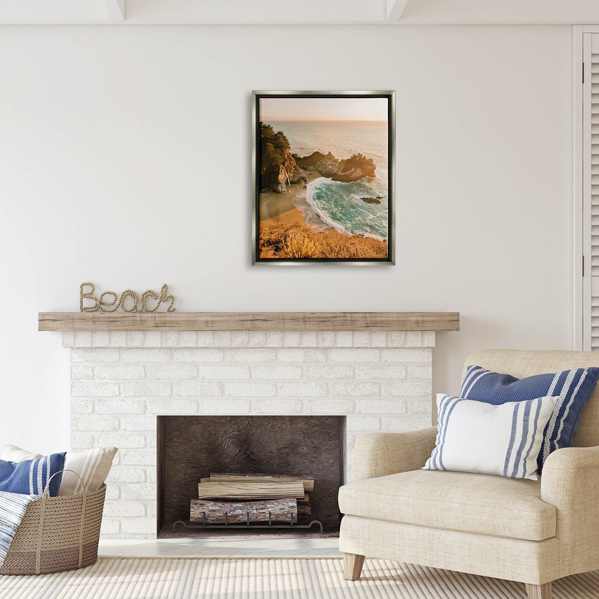 Stupell Industries Waves Crashing Rocky Cove Coastal Photography Gray Floater Framed Art Print Wall Art