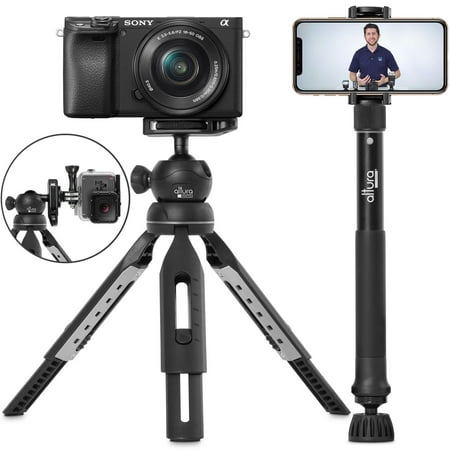 6 in 1 Monopod Tripod Kit by Altura Photo – Universal 55” Telescoping DSLR Camera, GoPro, Cell Phone Holder Selfie Stick with Tripod Base, 360 Ball Head and Carry