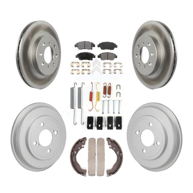 Transit Auto Front Rear Coated Disc Brake Rotors Ceramic Pads and Drum Kit (7Pc) for Car 2013 Honda Fit DX with GAS engine KGT-103577