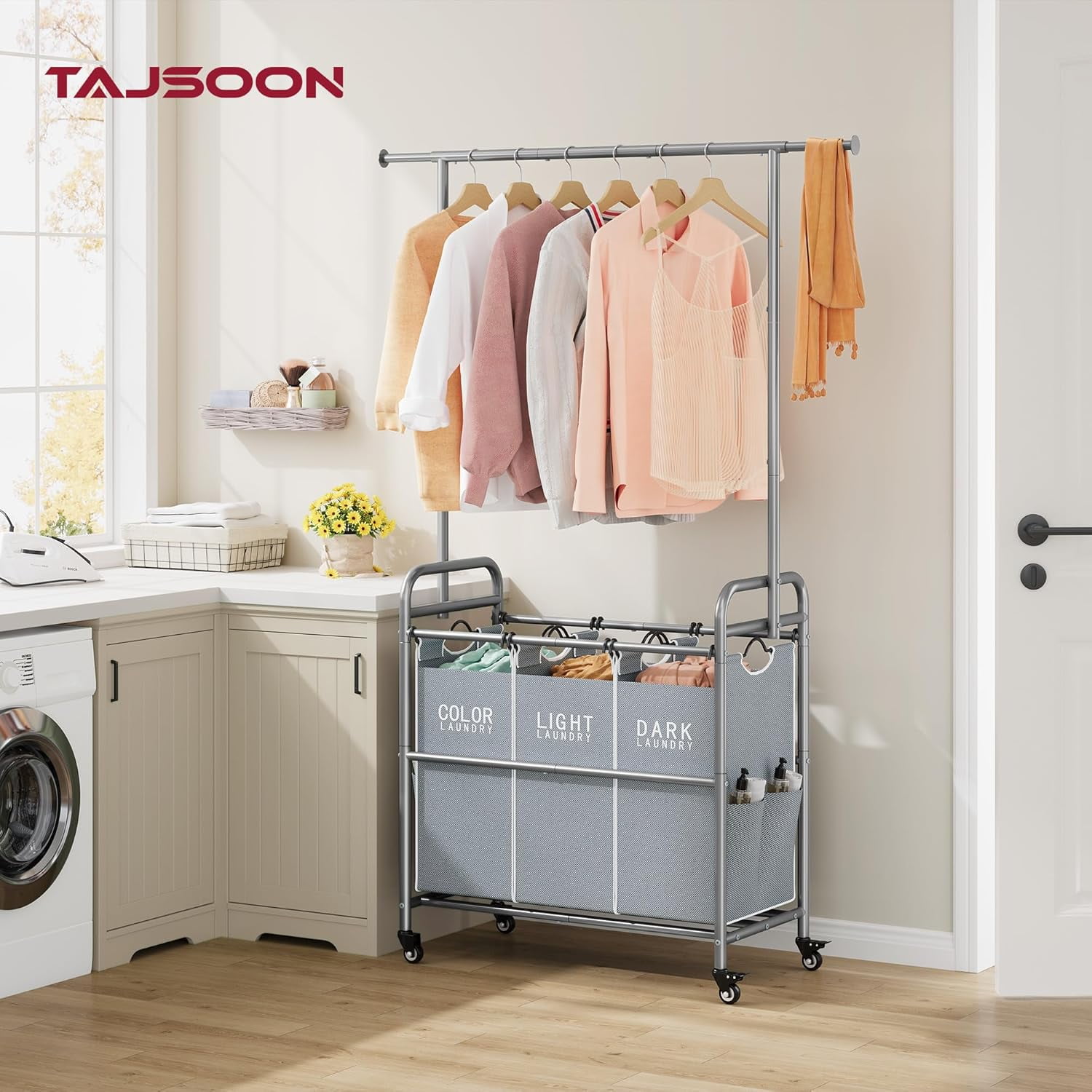 Laundry Sorter with Hanging Bar, 3 Section Rolling Laundry Hamper with Heavy Duty Lockable Wheels, Laundry Basket with Hanging Rack for Bedroom, 3 Gray