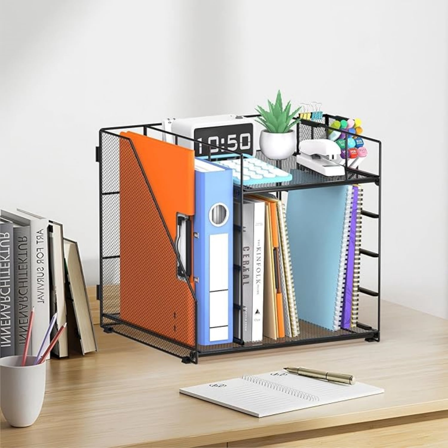 INTIGE Desk Organizer and accessories, 5-Tier Paper Organizer for Desk with Pen Holder and Magazine Holder, Paper Letter Tray for Home, Office