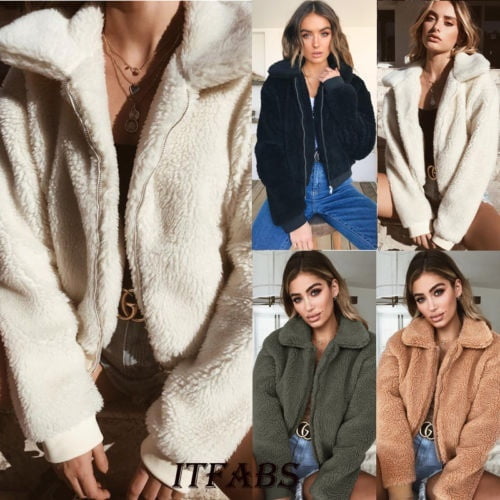 Womens Lady Winter Teddy Bear Fleece Fur Fluffy Zip Coat Jackets Jumper Outwear