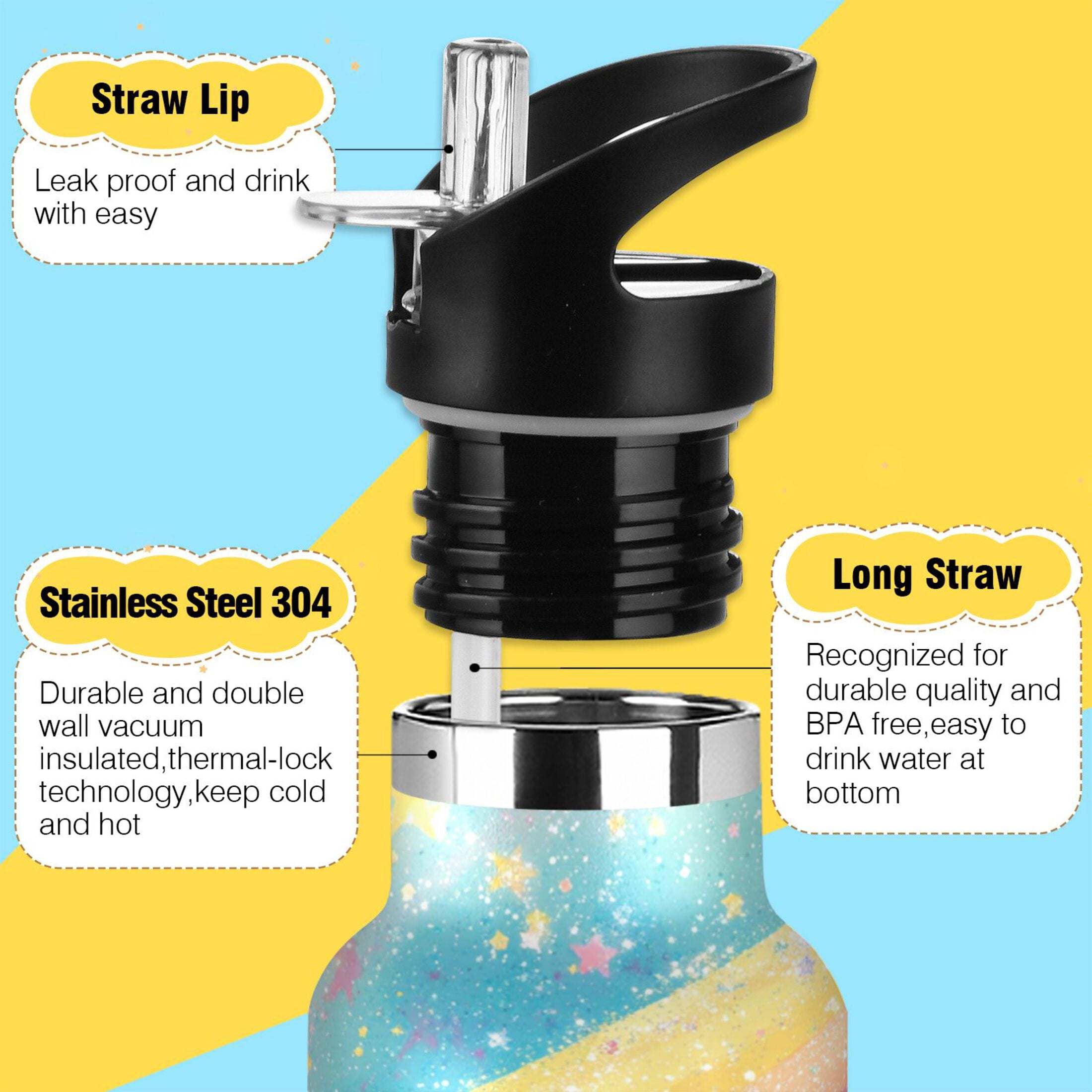 Kids Insulated Stainless Steel Sports Water Bottle 600ml (20oz), BPA-Free Glittery Rainbow