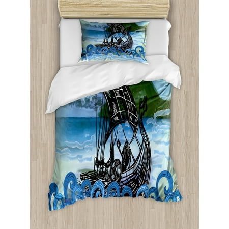 Nordic Duvet Cover Set, Drekar Boat Vikings Ship Bearded Warrior with Axe Swirled Sea Waves Artwork, Decorative Bedding Set with Pillow Shams, Blue Black Green, by
