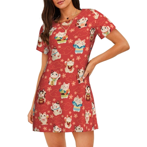 Disketp Japanese Maneki Cats para Camisón Corto de Manga Corta para Mujeres, Camisón Cómodo con Escote Redondo, Bonito y Confortable