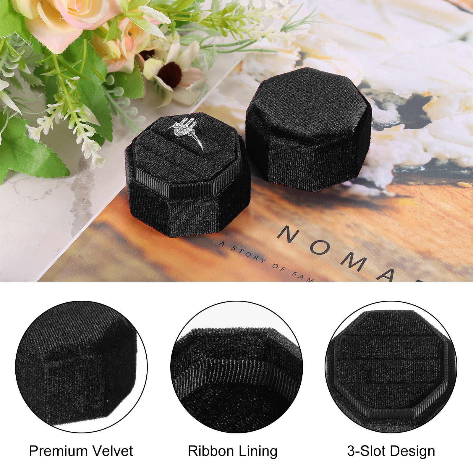 Unique Bargains Octagon Velvet Ring Box for Wedding Rings Black