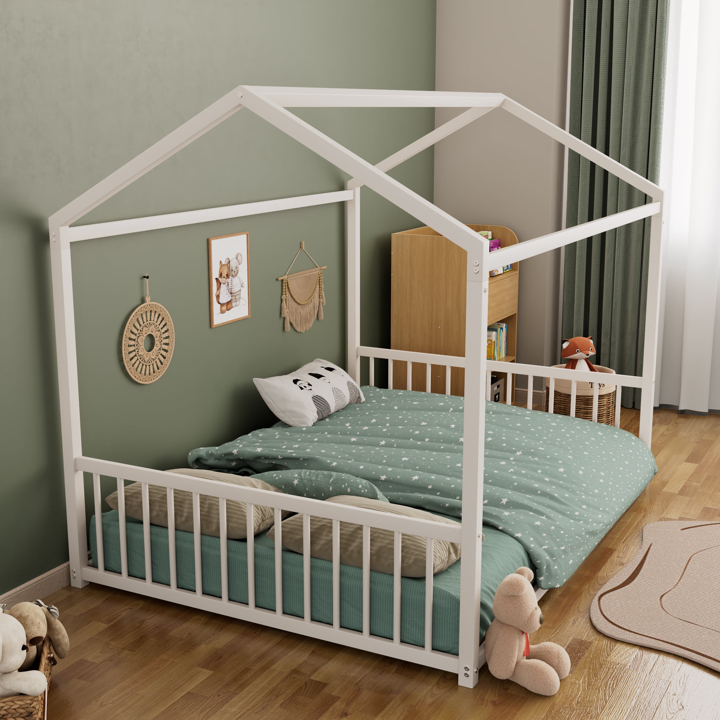 Euroco Metal Full Size Canopy Bed, Low Profile House Bed with Guardrails, White