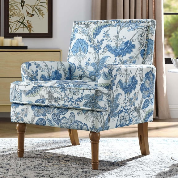 Vintage Floral Decorative Chair With Arms For Living Room, Occasional Antique Side Chair | High Back | Seat Cushion | Fabric Upholstery (blue)