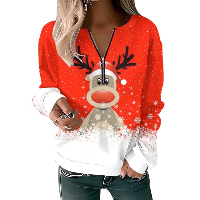 Innerwin Pullover Christmas Ladies Xmas Tops Work V Neck Casual Sweatshirt Red XS